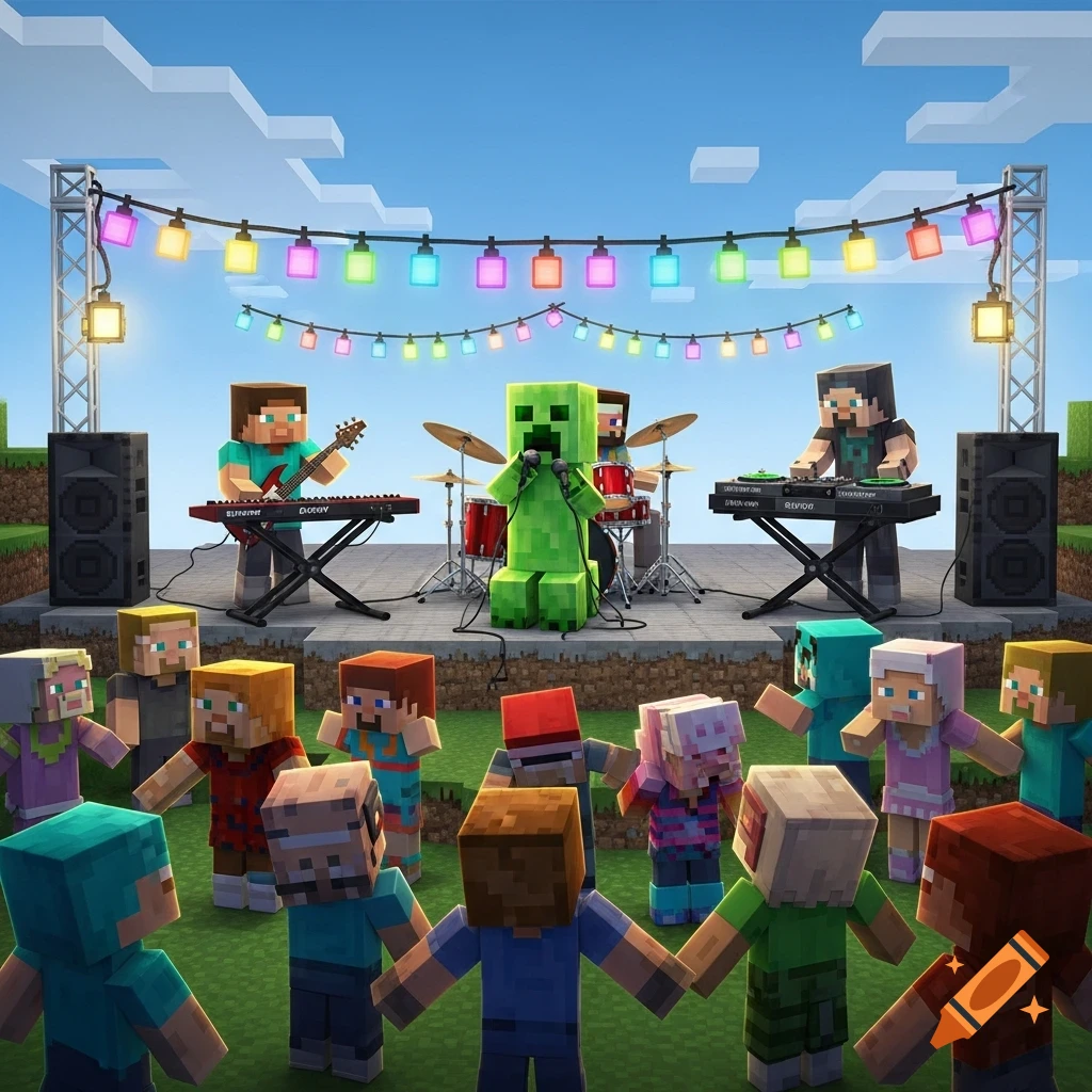 A Minecraft Creeper sings on stage with a band (guitarist, drummer, DJ ...
