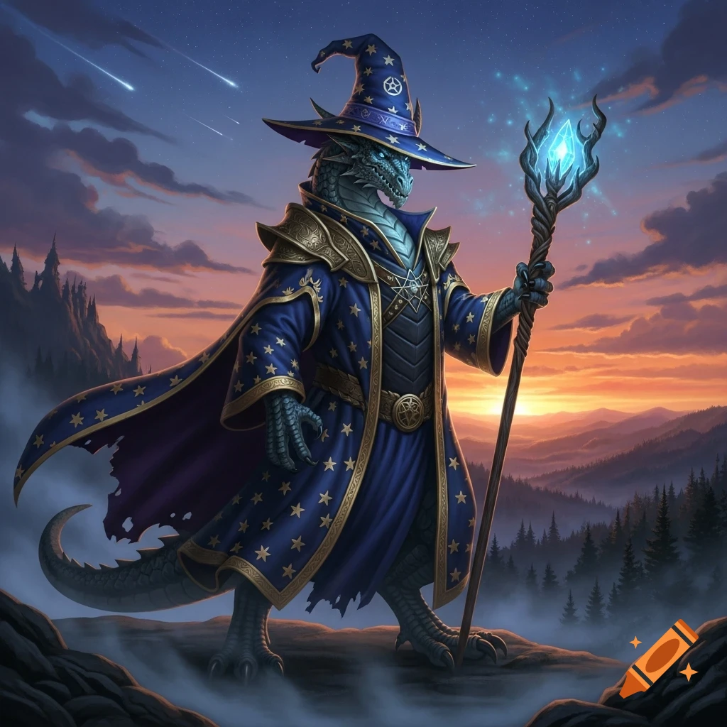 A majestic blue dragon wizard in a starry robe and hat stands on a rocky mountain overlooking a valley at sunset, holding a glowing staff.