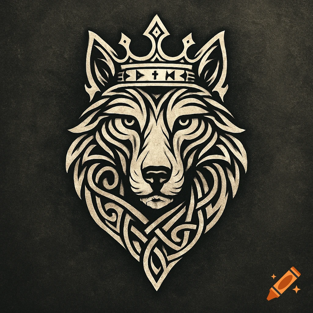 Stylized tribal art wolf head wearing a crown on a dark background, in a Viking style.