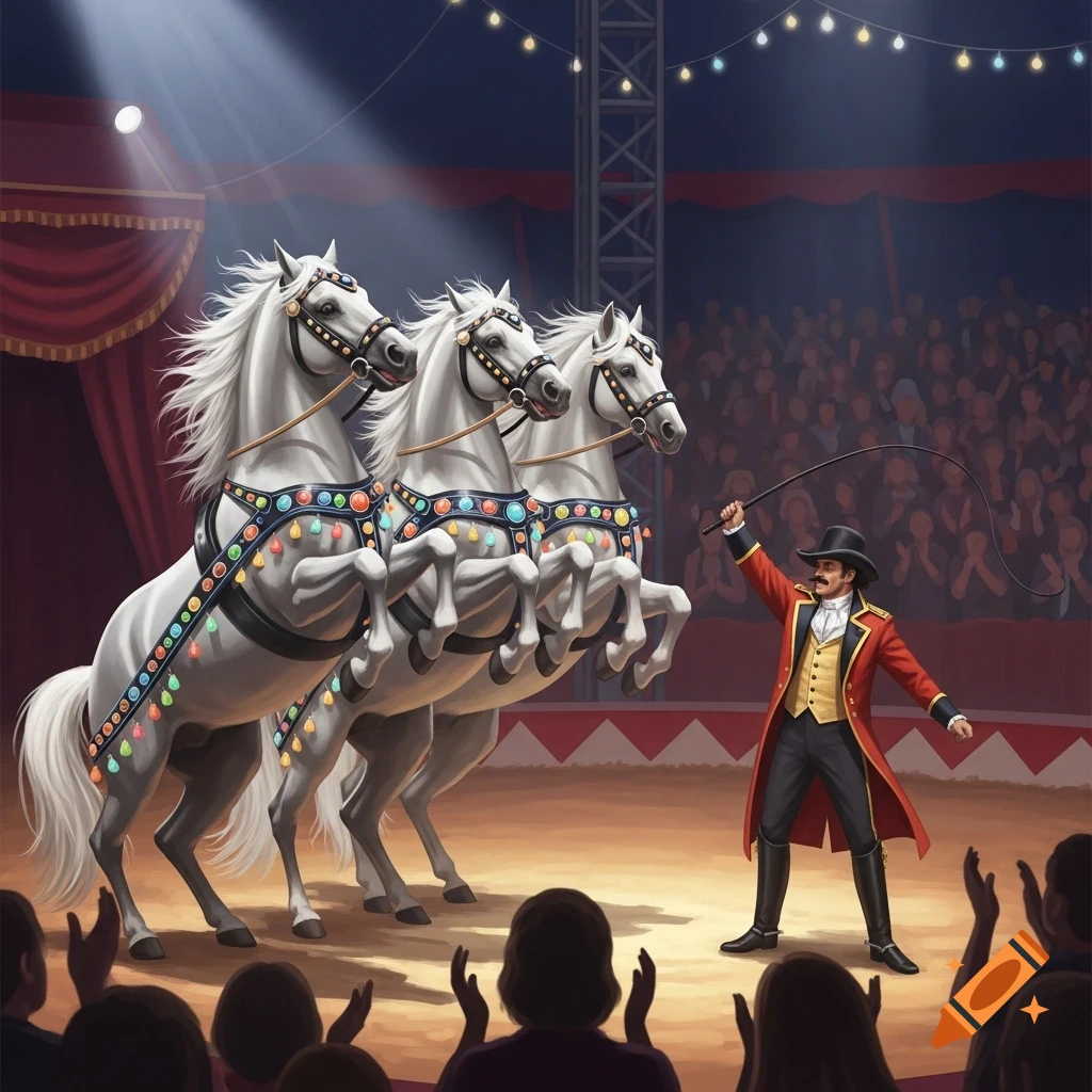 Three white horses rear in a circus arena under spotlights, performing for a ringmaster with a whip as an audience claps.