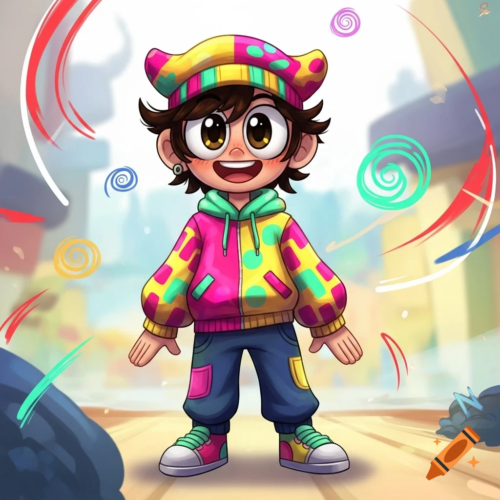 A cheerful cartoon character in a colorful patchwork hoodie and hat, with large eyes and a big smile, standing in a bright, swirly setting.