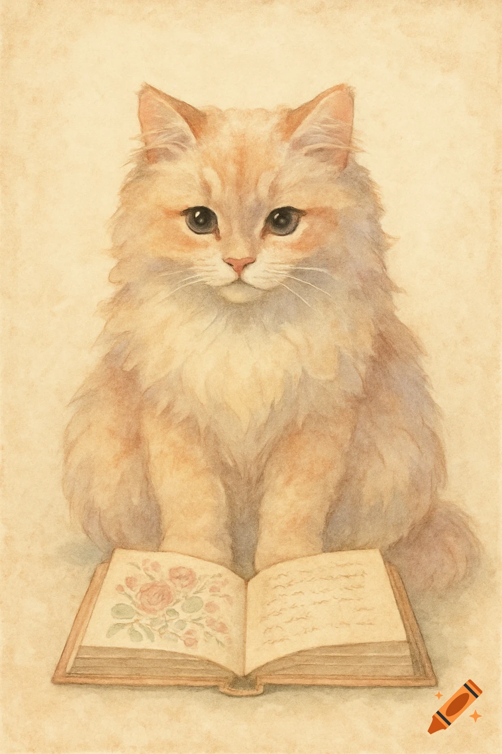 Vintage watercolor illustration of a fluffy, orange and white cat sitting with an open book, soft pastel colors.