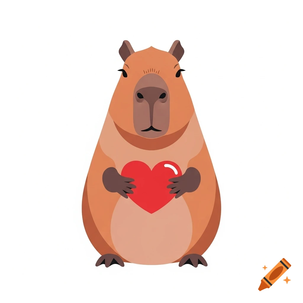 A stylized brown capybara with small ears and a flat face holds a bright red heart with a white highlight against a white background.