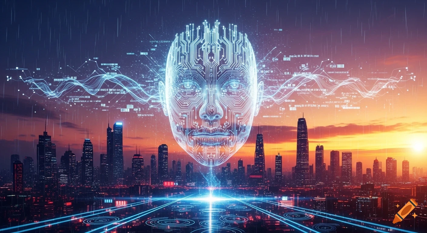 A glowing, circuit-board-like human face hovers over a futuristic city at sunset, with digital data waves.