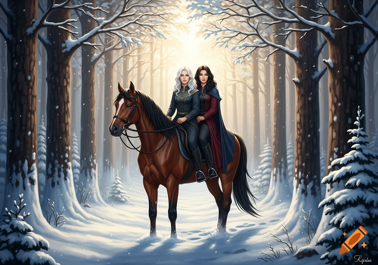 Two women with white and dark hair ride a brown horse through a sunlit snowy forest in an illustrated style.