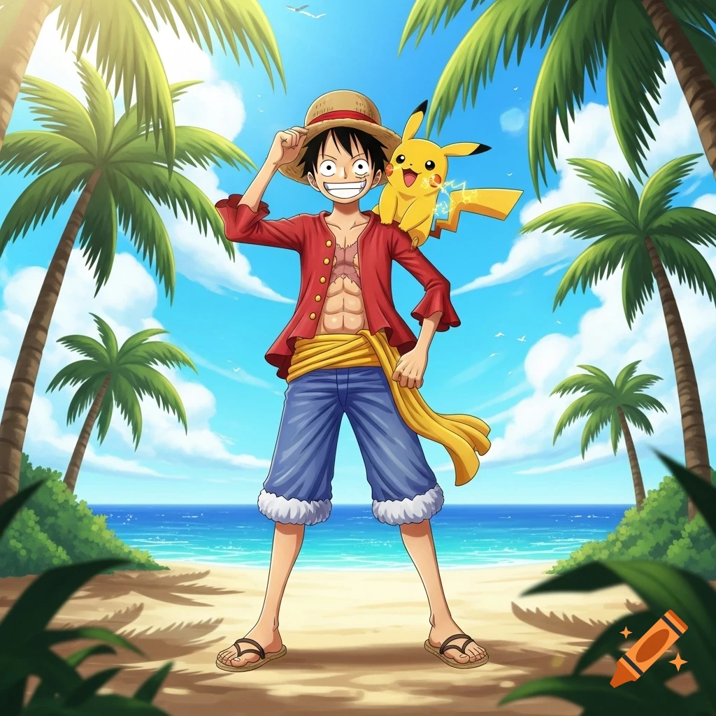 Monkey D. Luffy, wearing a straw hat and red shirt, stands on a sunny beach with Pikachu on his shoulder, anime style.