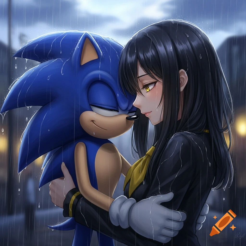 Sonic the Hedgehog and a black-haired anime girl with yellow eyes embrace in the rain.