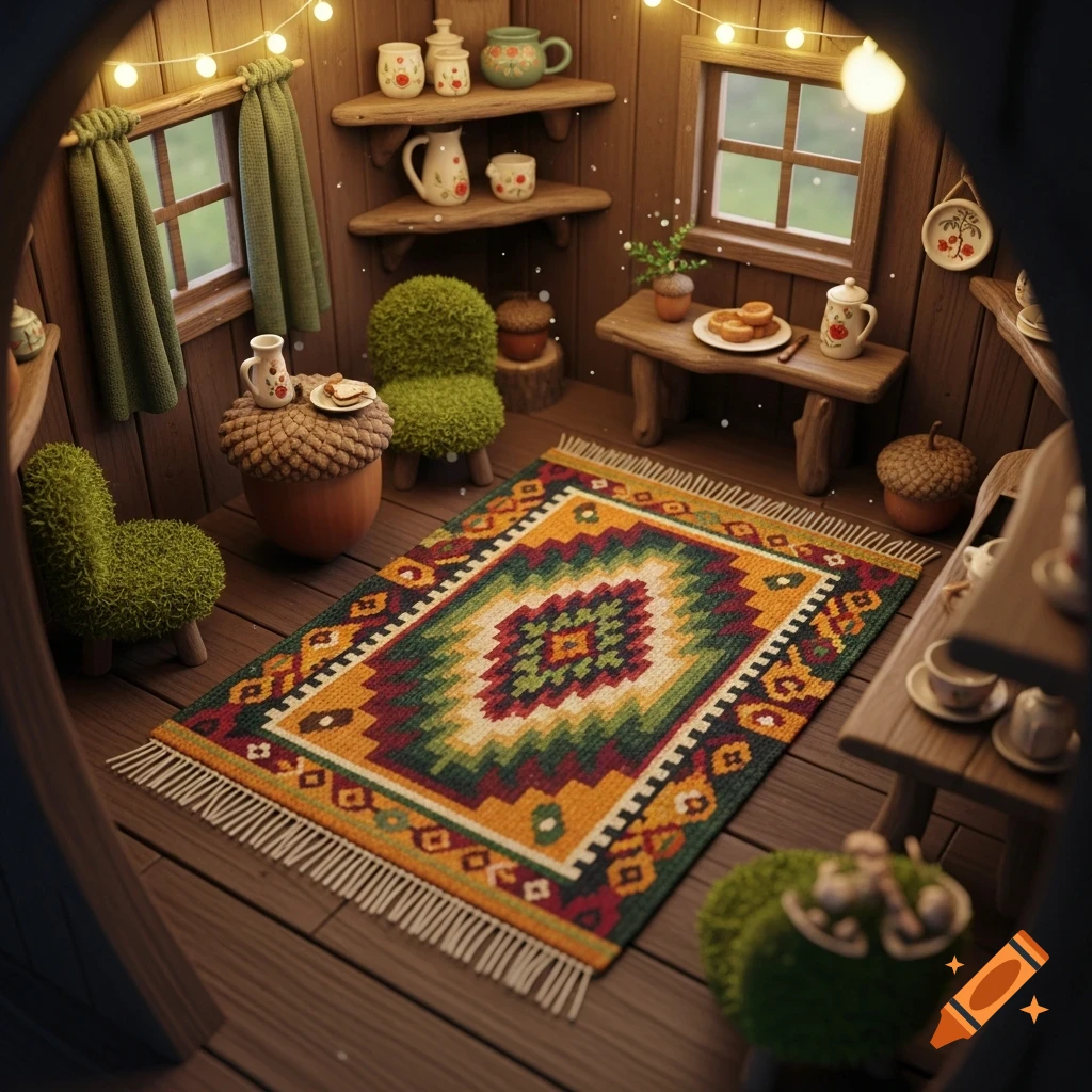 Cozy miniature gnome house interior with wooden walls, a colorful patterned rug, mossy chairs, and an acorn table, lit by string lights.