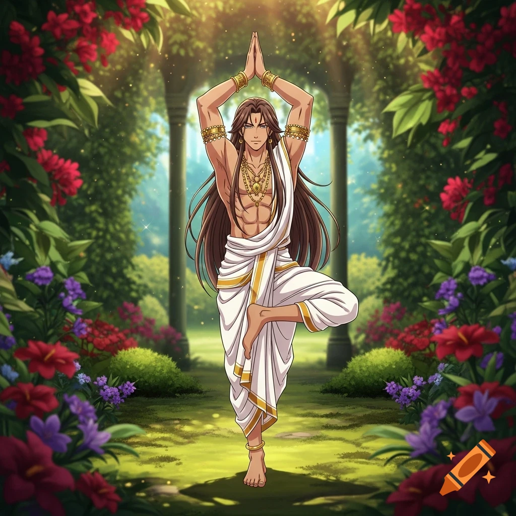 Anime illustration of a male character in a white dhoti and gold jewelry performing yoga in a lush fantasy garden.