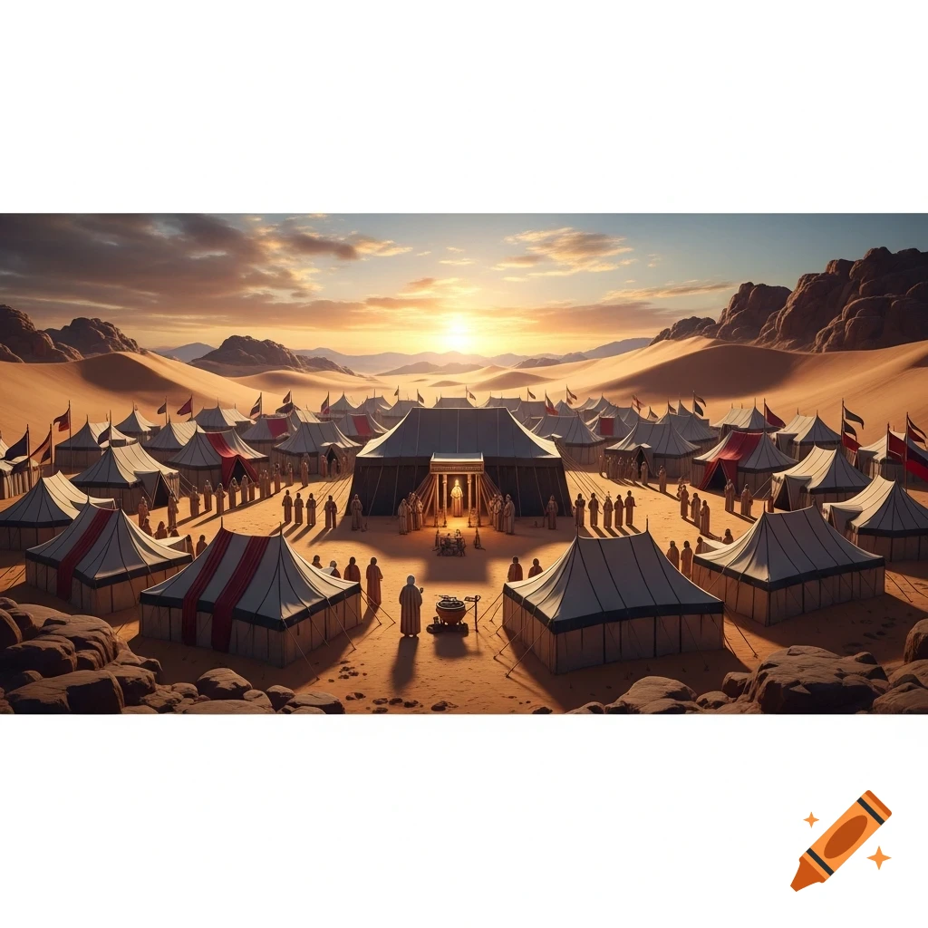 Ancient Israelite encampment with numerous tents and people gathered around a central tabernacle in a vast desert at sunset.