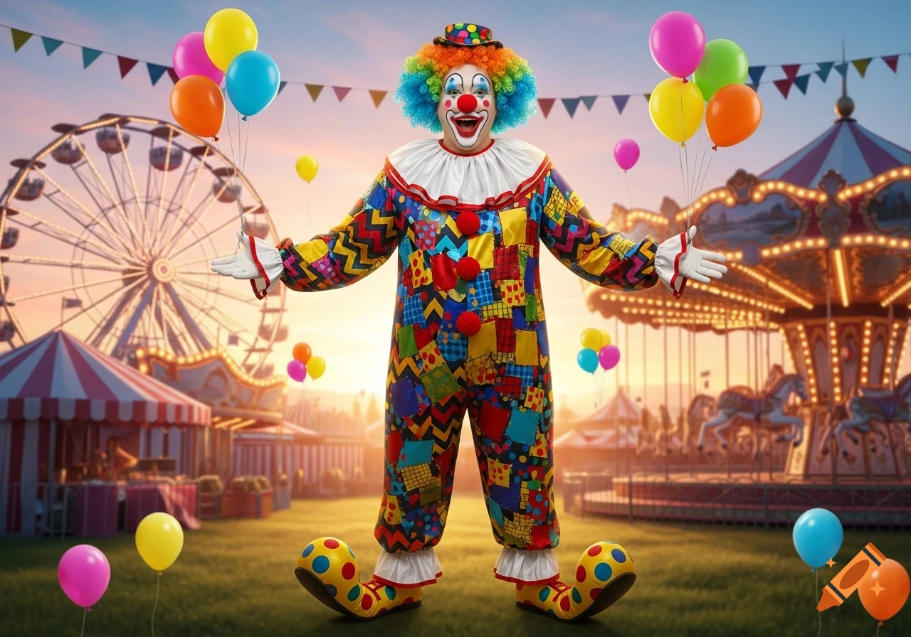 A colorful clown with a rainbow wig and patchwork costume stands smiling at a bustling carnival with a Ferris wheel, carousel, and balloons.