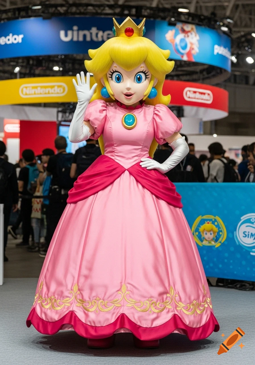 Photorealistic image of a Princess Peach mascot in a pink dress and crown, waving, at a Nintendo event with blurred background banners.