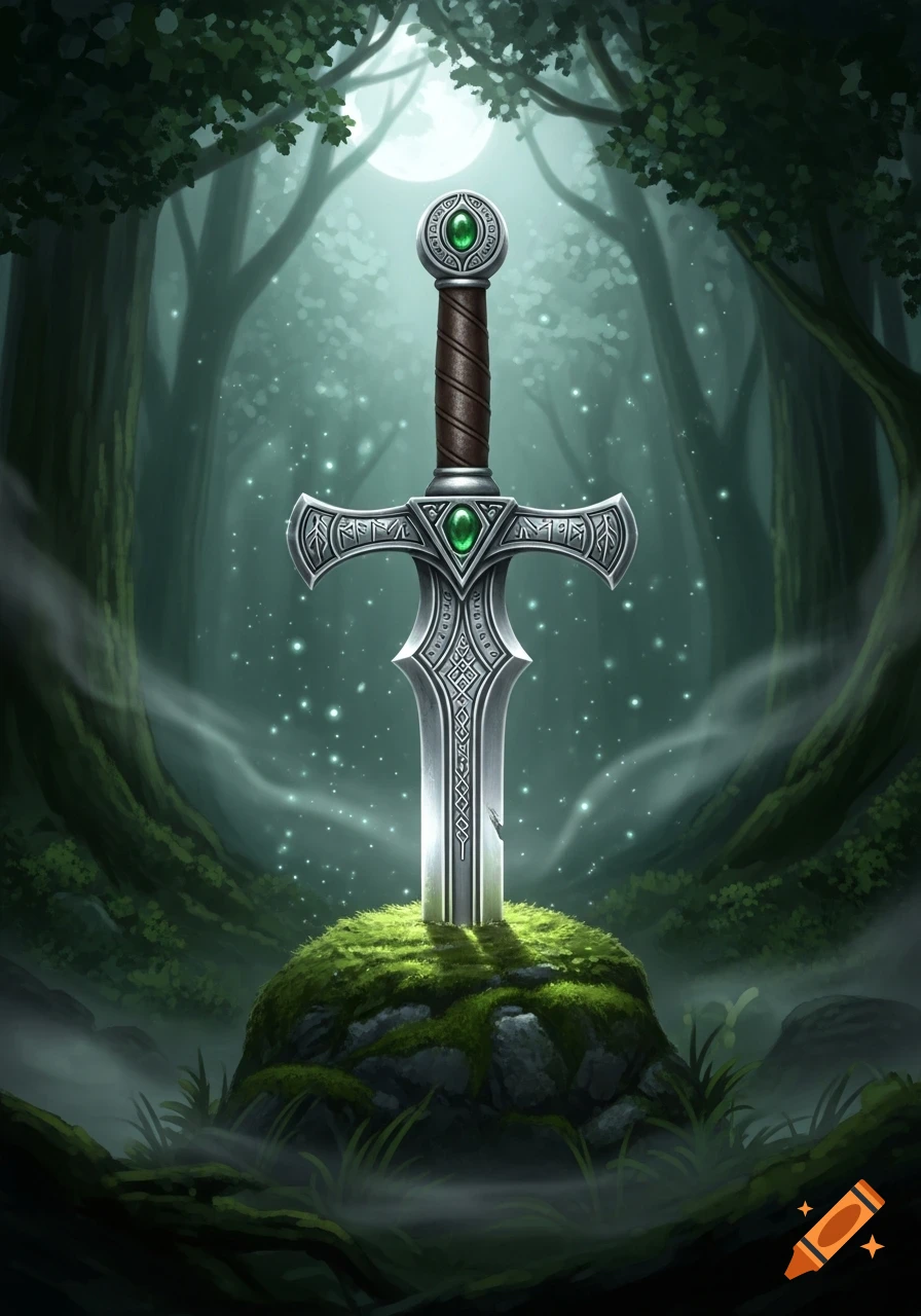 An ornate fantasy sword with green gems plunged into a mossy rock in a magical moonlit forest, with glowing particles and a full moon visible through the trees.