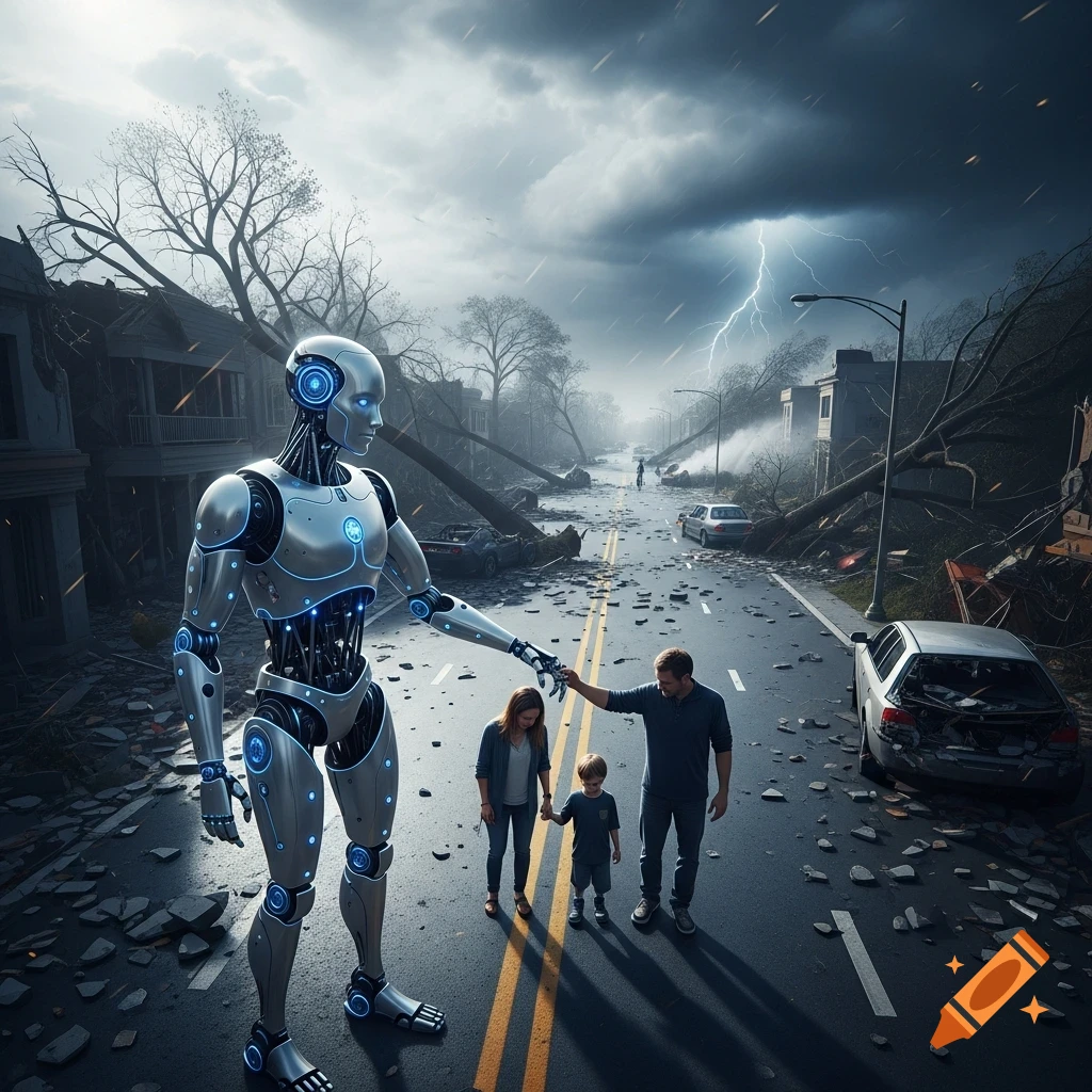 A large robot aids a family on a destroyed street with fallen trees, debris, and lightning in a stormy sky.