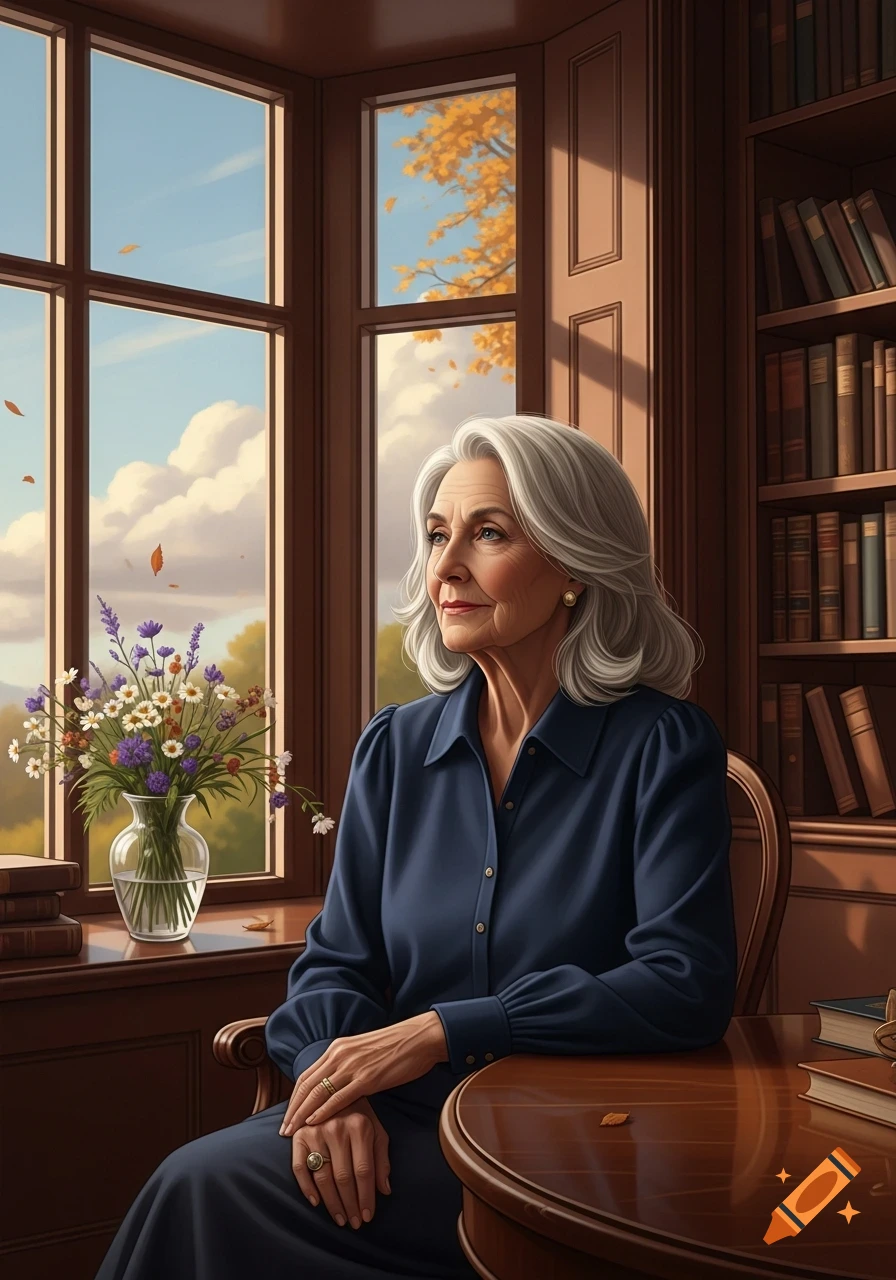 Photorealistic portrait of an elderly woman with white hair looking out a window at autumn trees, with flowers and books.
