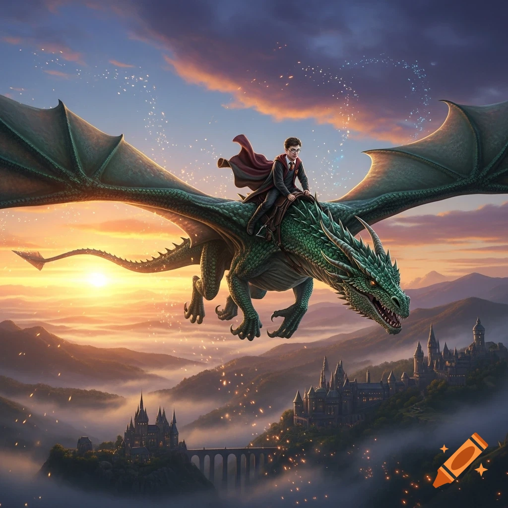 Harry Potter rides a large green dragon over a magical castle landscape at sunset, with golden sparks in the air.