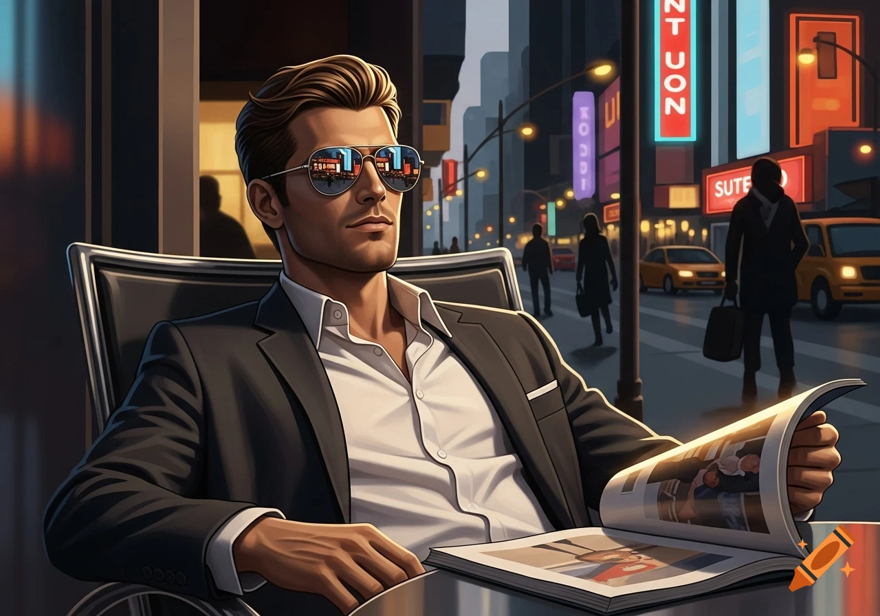 Stylized illustration of a man in a suit and sunglasses reading a magazine in a city at night.