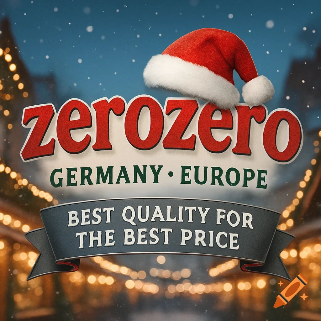 Christmas banner with 'zerozero' in red, a Santa hat, 'Germany • Europe', and 'Best Quality for the Best Price' over blurred lights.