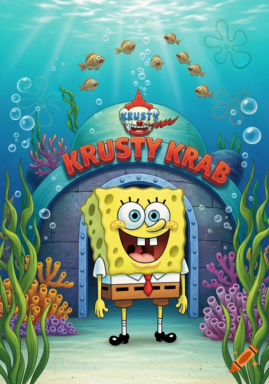 SpongeBob SquarePants stands happily in front of the Krusty Krab restaurant underwater, with fish and coral.
