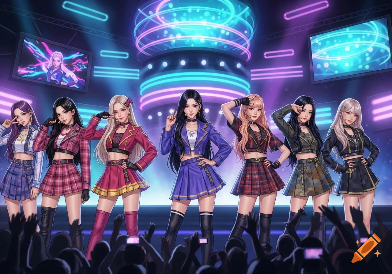 Six anime-style female K-pop idols pose on a brightly lit stage with neon lights, in front of a silhouetted crowd.