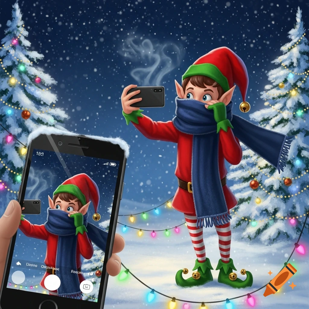 A cute Christmas elf in a red suit and blue scarf takes a selfie in a snowy, decorated forest, with the phone held by a hand in the foreground.