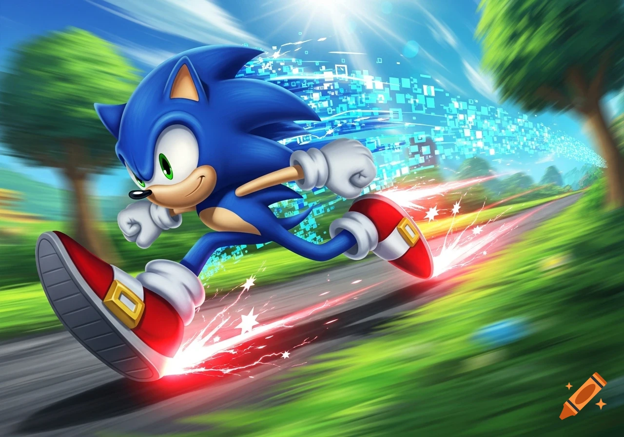 Sonic the Hedgehog runs at super speed down a winding path, leaving a trail of blue pixels and red sparks.