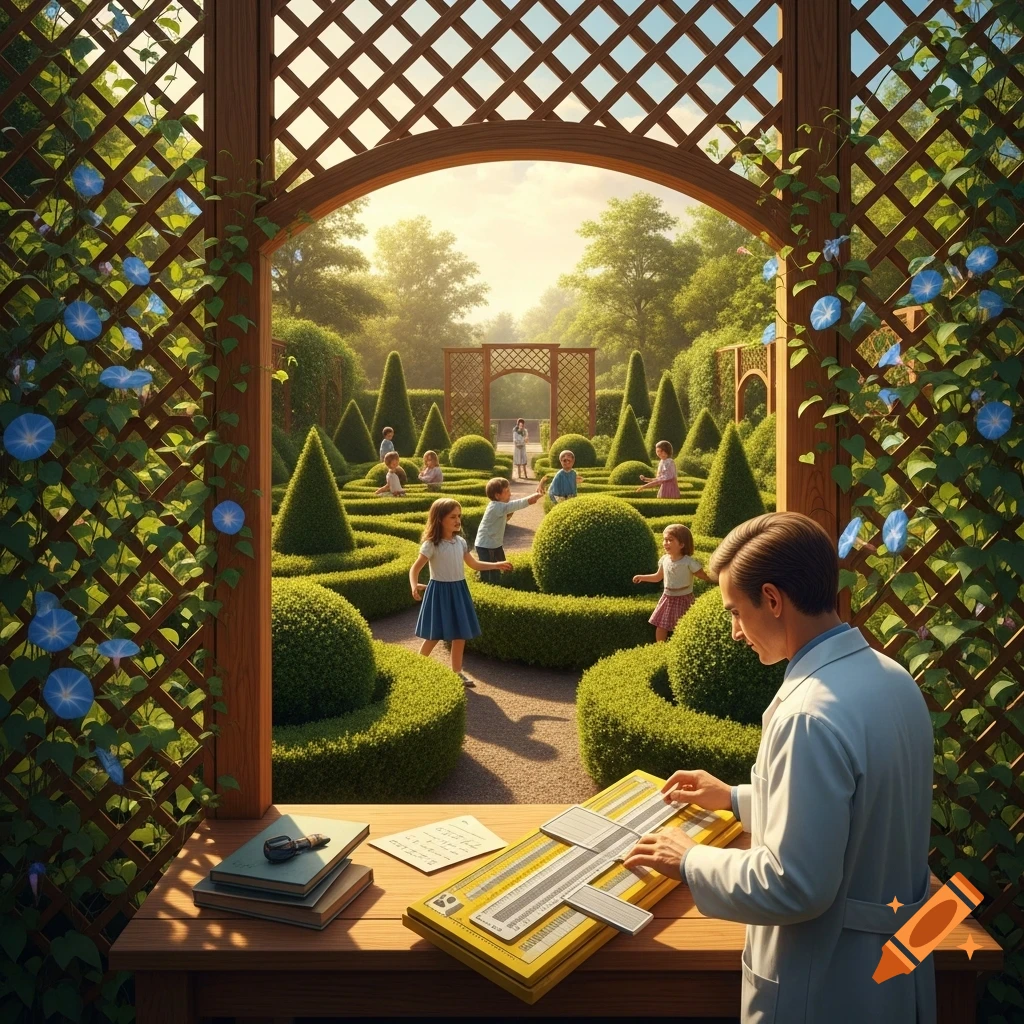A man in a lab coat uses a slide rule at a table, looking out at children playing in a formal topiary garden through a lattice archway with morning glories, at golden hour.