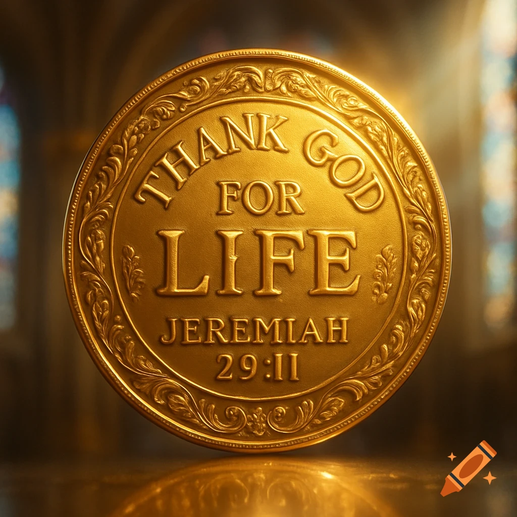 A glistening golden medallion with ornate borders, engraved with 'THANK GOD FOR LIFE' and 'JEREMIAH 29:11' in relief, reflecting light.