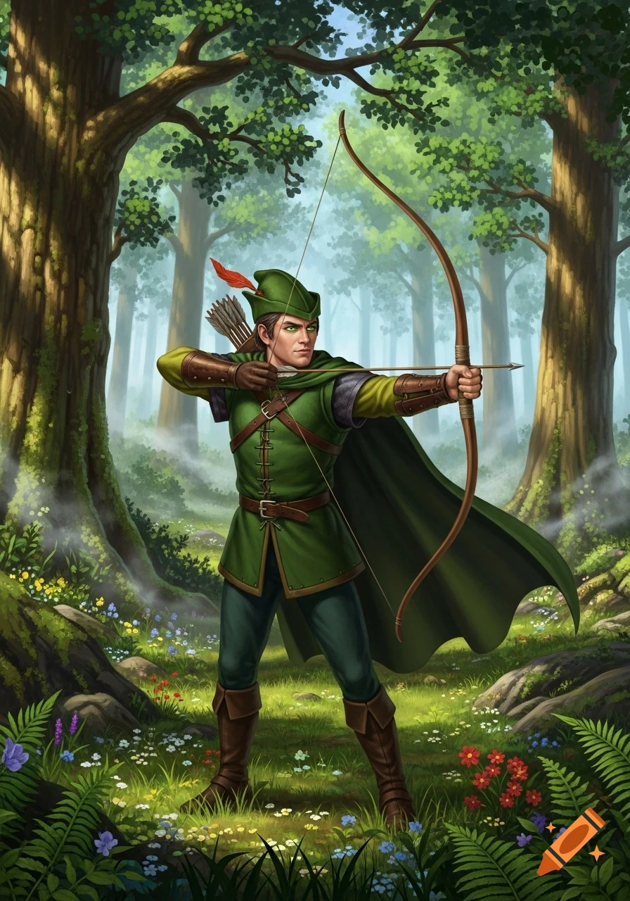 A man in green, dressed as Robin Hood, aims a bow and arrow in a vibrant, misty forest with tall trees and wildflowers.