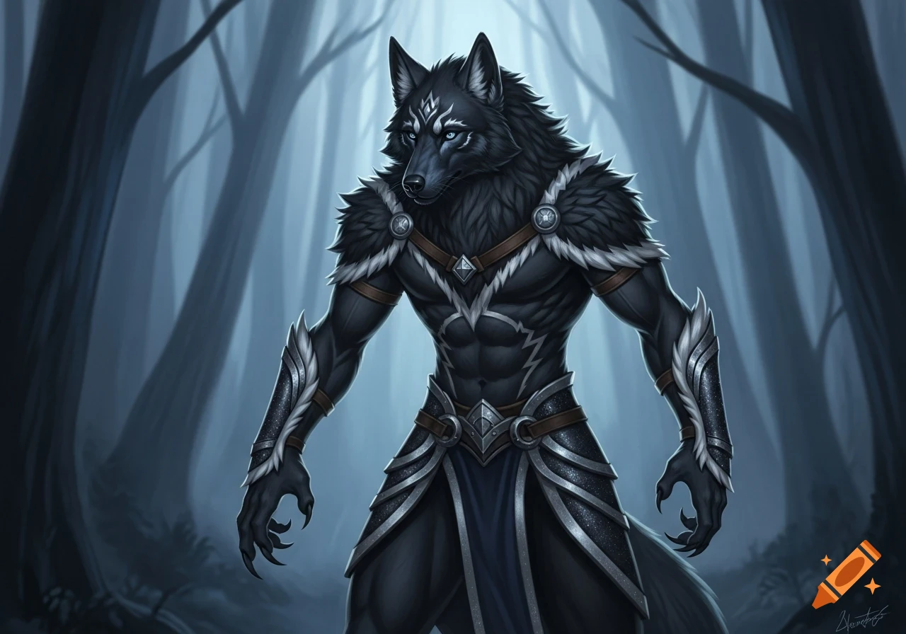 A majestic anthropomorphic black wolf warrior with glowing blue eyes and silver markings stands in a dark, misty forest, wearing dark armor with fur.