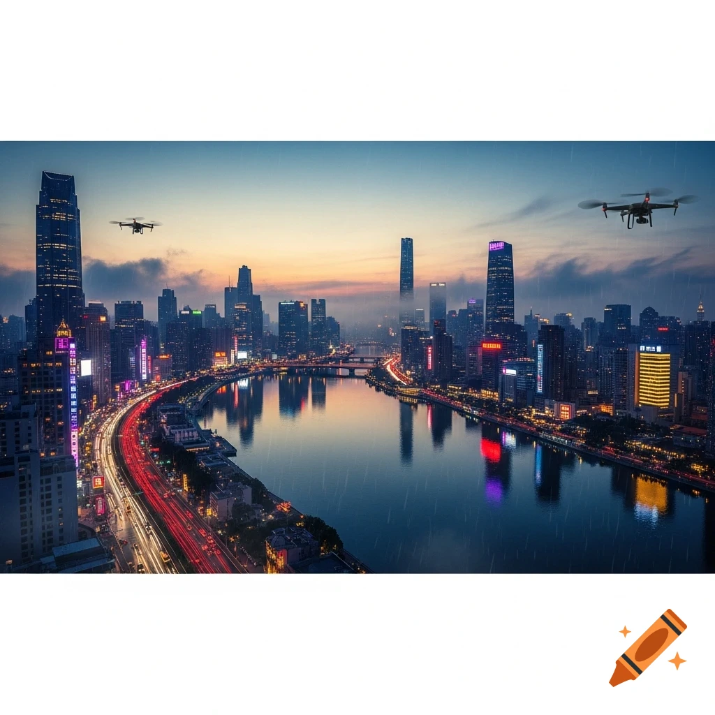 Photorealistic aerial view of a vibrant city skyline at dusk with a river reflecting lights and two drones flying above.