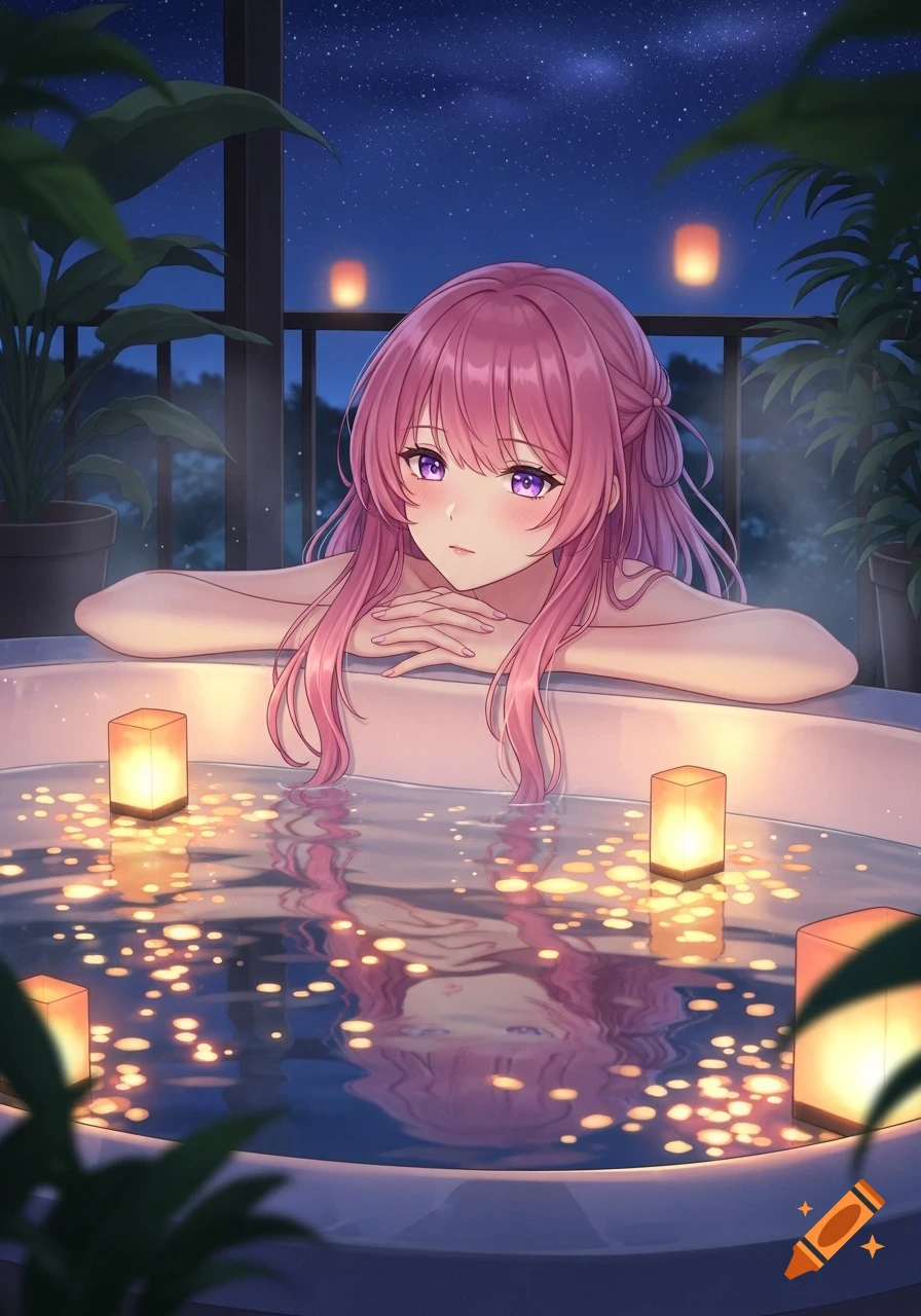 Anime girl with pink hair relaxing in an outdoor hot tub at night, surrounded by floating lanterns and lush plants.