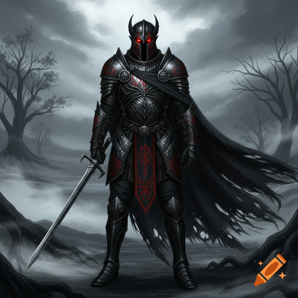 A knight in black horned armor with glowing red eyes stands in a desolate, misty landscape, holding a longsword.