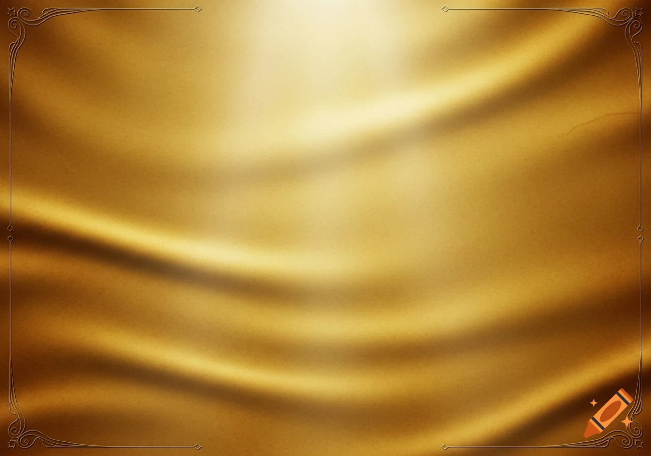 A golden background with soft fabric-like folds, a subtle central glow, and decorative scrollwork borders in the corners.