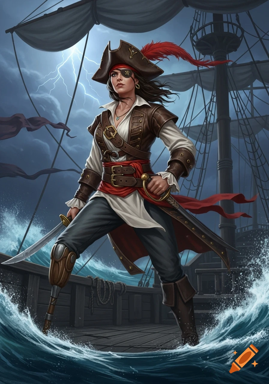 A female pirate with an eye patch and wooden leg stands defiantly on a stormy ship deck, holding two swords.