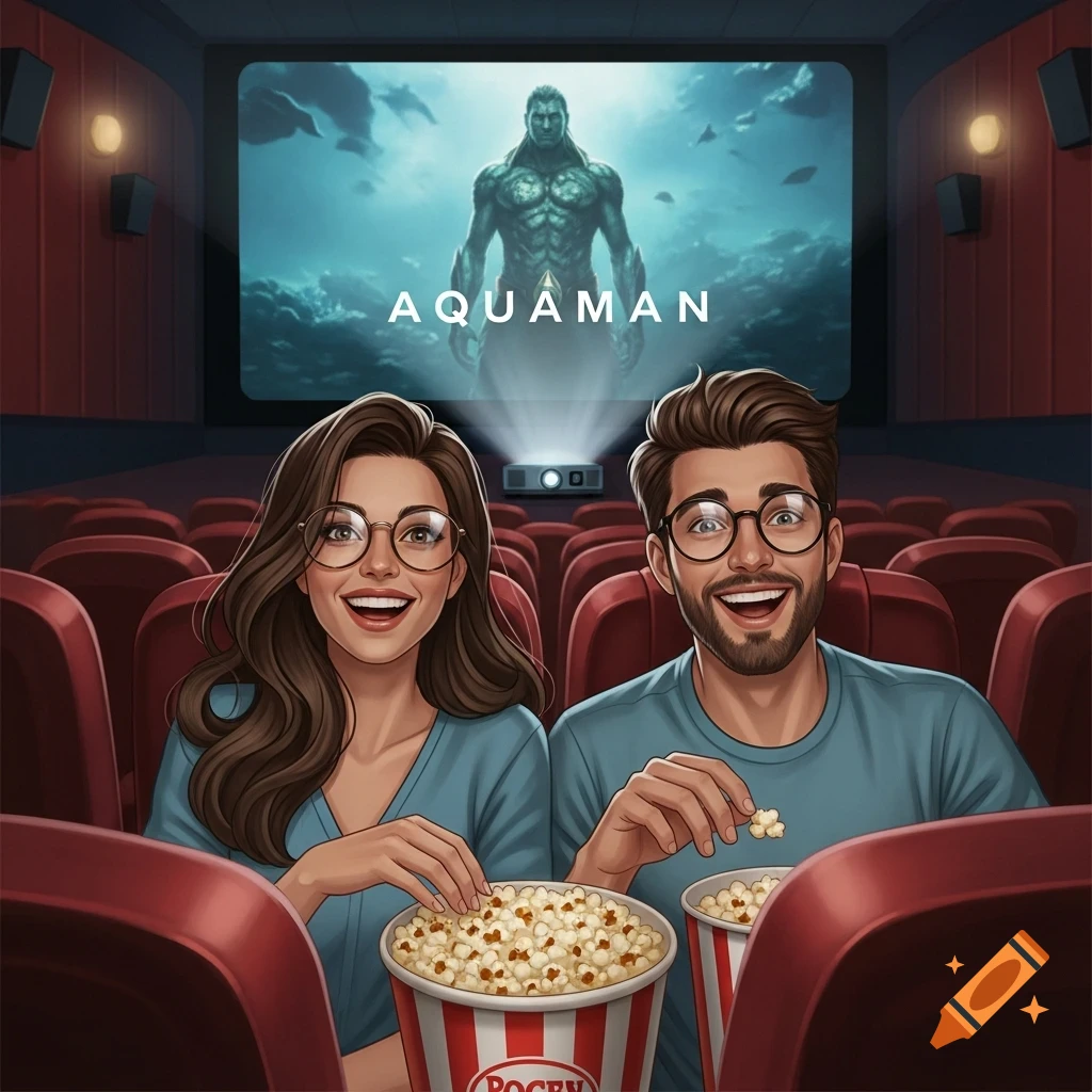 A smiling couple with glasses eats popcorn while watching the movie "Aquaman" in a dark cinema, illustrated in a vibrant, cartoonish style.