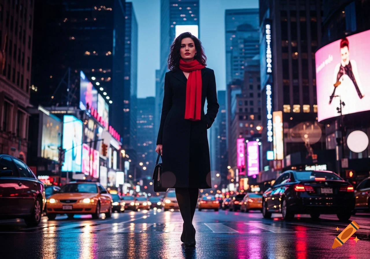 A woman in a black coat and red scarf walks confidently down a neon-lit city street at night, with cars and tall buildings in the background.