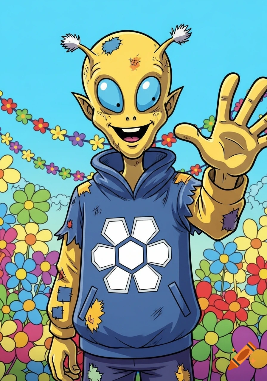 A yellow cartoon alien in a patched blue hoodie waves, smiling broadly, against a background of colorful flowers and garlands.