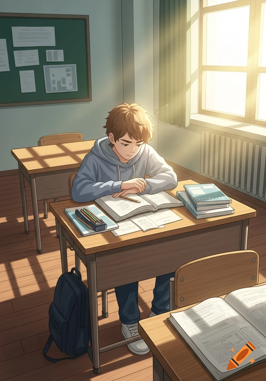 An anime-style student with brown hair concentrates on an open textbook at a wooden desk in a sunlit classroom.