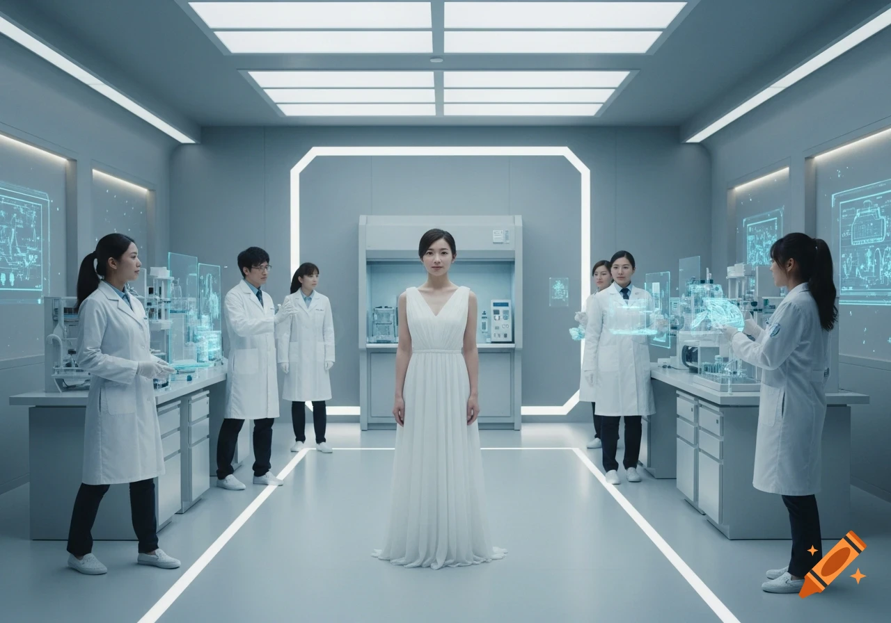 A woman in a white dress stands in a futuristic lab surrounded by ...