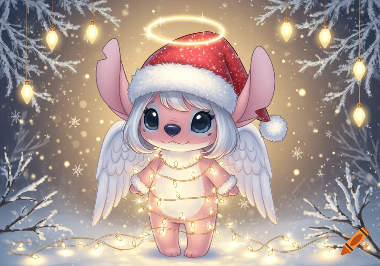 A cute pink cartoon angel creature, resembling Stitch, wears a Santa hat, wings, and a halo, wrapped in Christmas lights in a snowy scene.