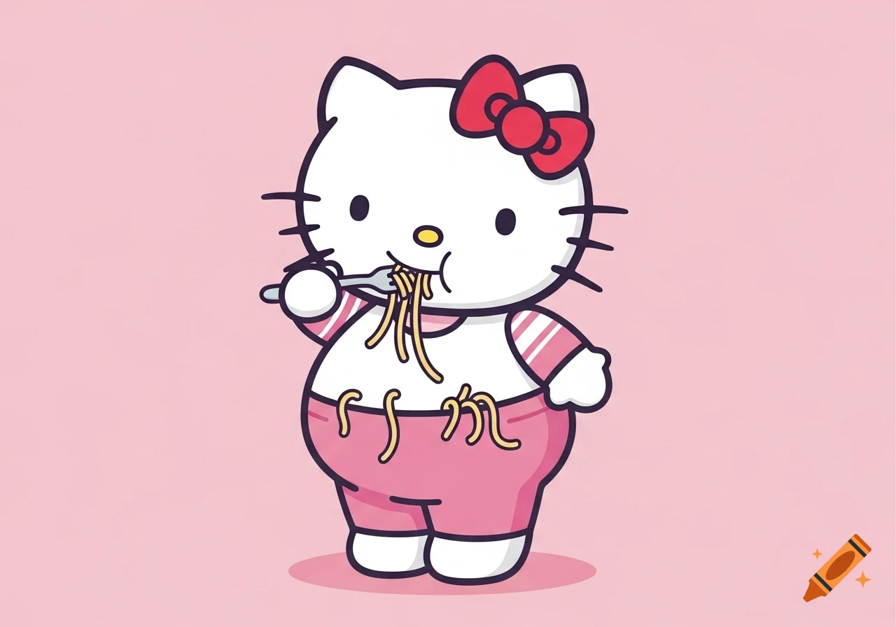 A large, obese Hello Kitty character in pink leggings eats spaghetti with a fork on a light pink background, cartoon illustration.