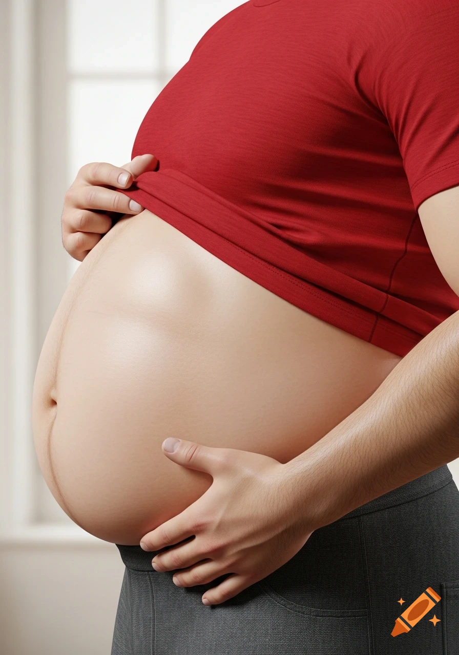 A close-up, photorealistic image of a person holding their very large, rounded belly with both hands, wearing a red t-shirt and grey pants.