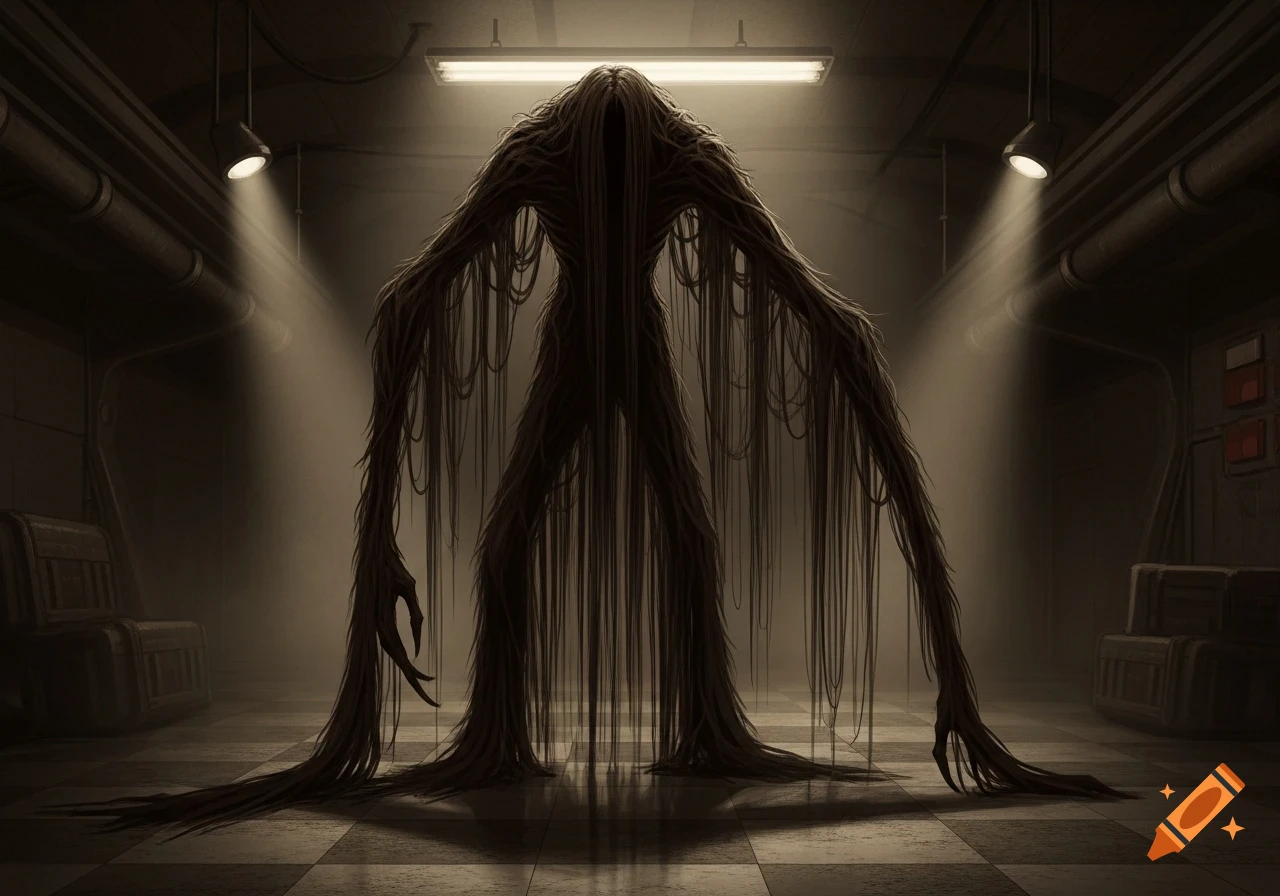Face Less Rake Creature A tall, slender, faceless creature made of dark, stringy fur stands in ...