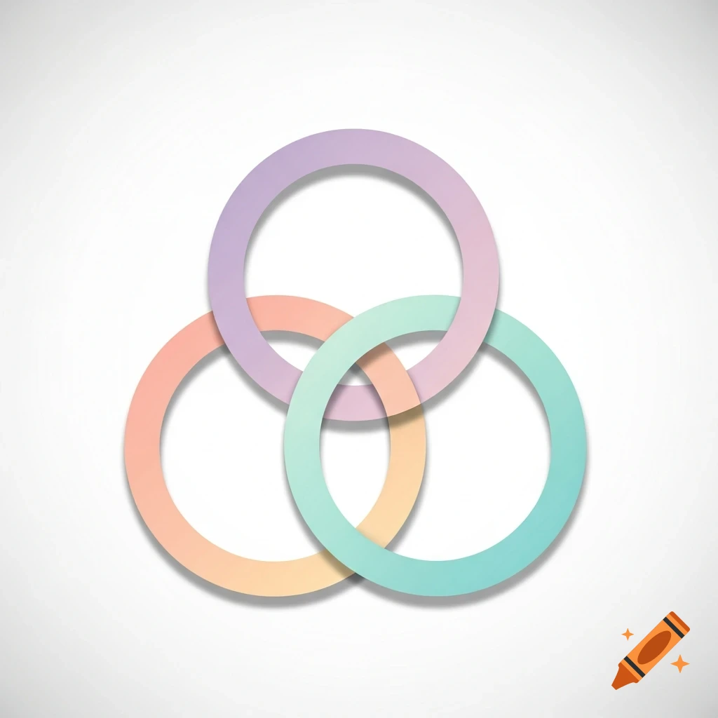 Three pastel-colored overlapping rings with shadows on a white background.