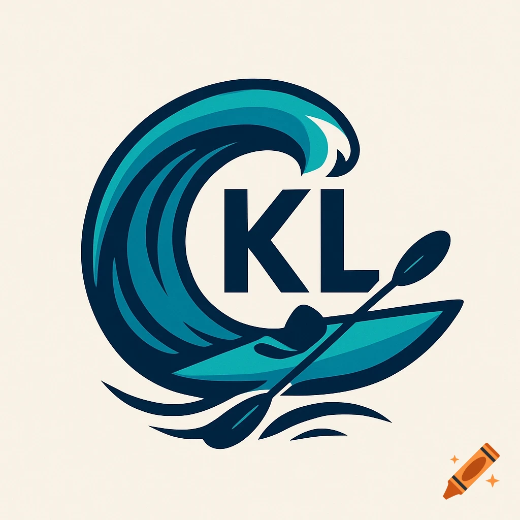 A blue logo with letters 'KL' and a kayak surfing a stylized wave.