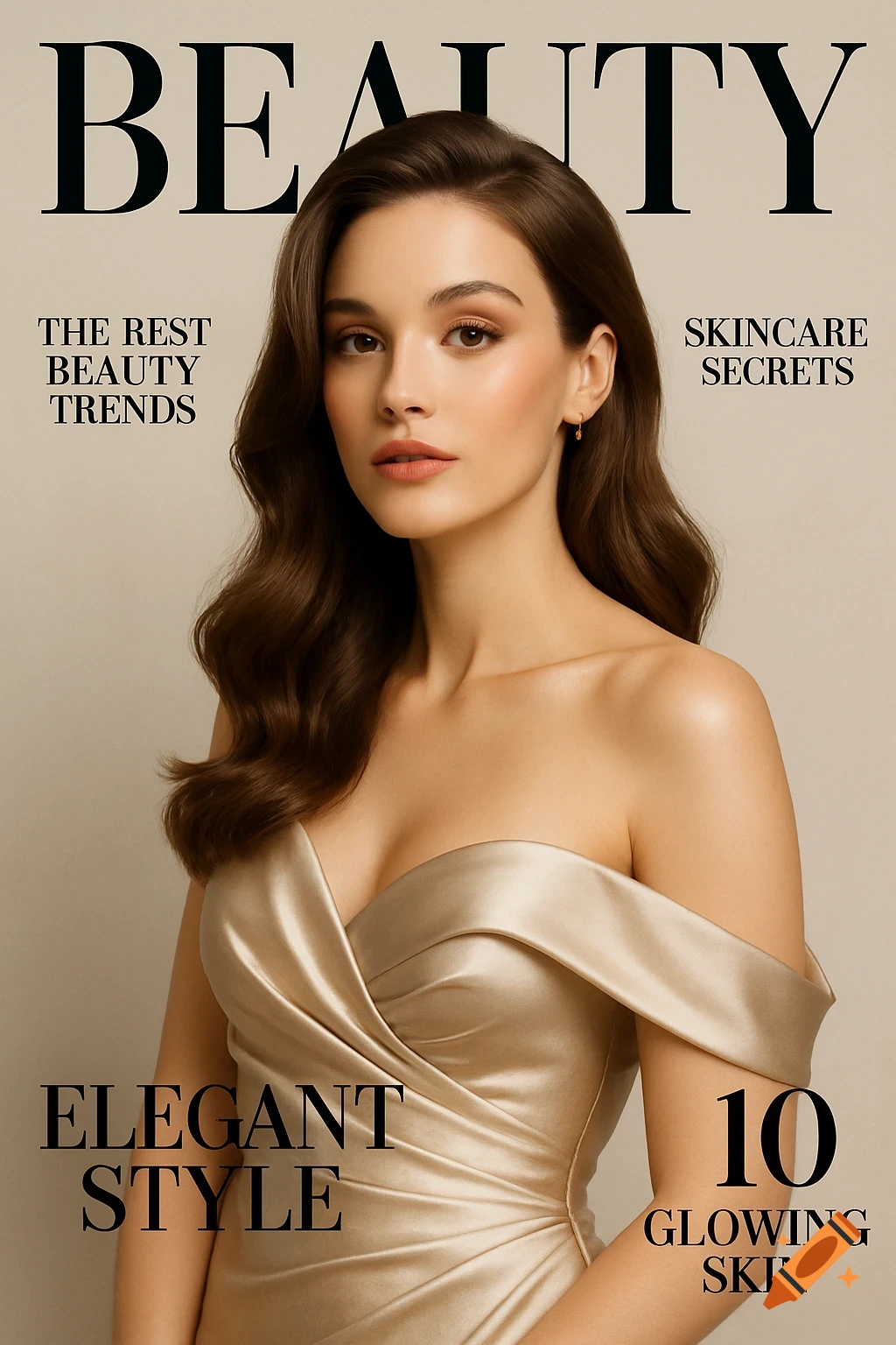 A woman with long brown hair and a gold off-the-shoulder dress poses like a magazine cover model, with various beauty-related headlines on the page.