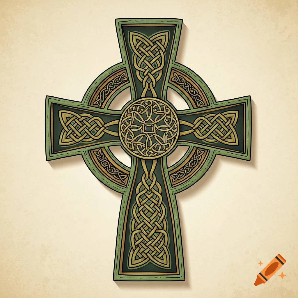 An intricately designed green and gold Celtic cross with knotwork patterns on a light, textured background.