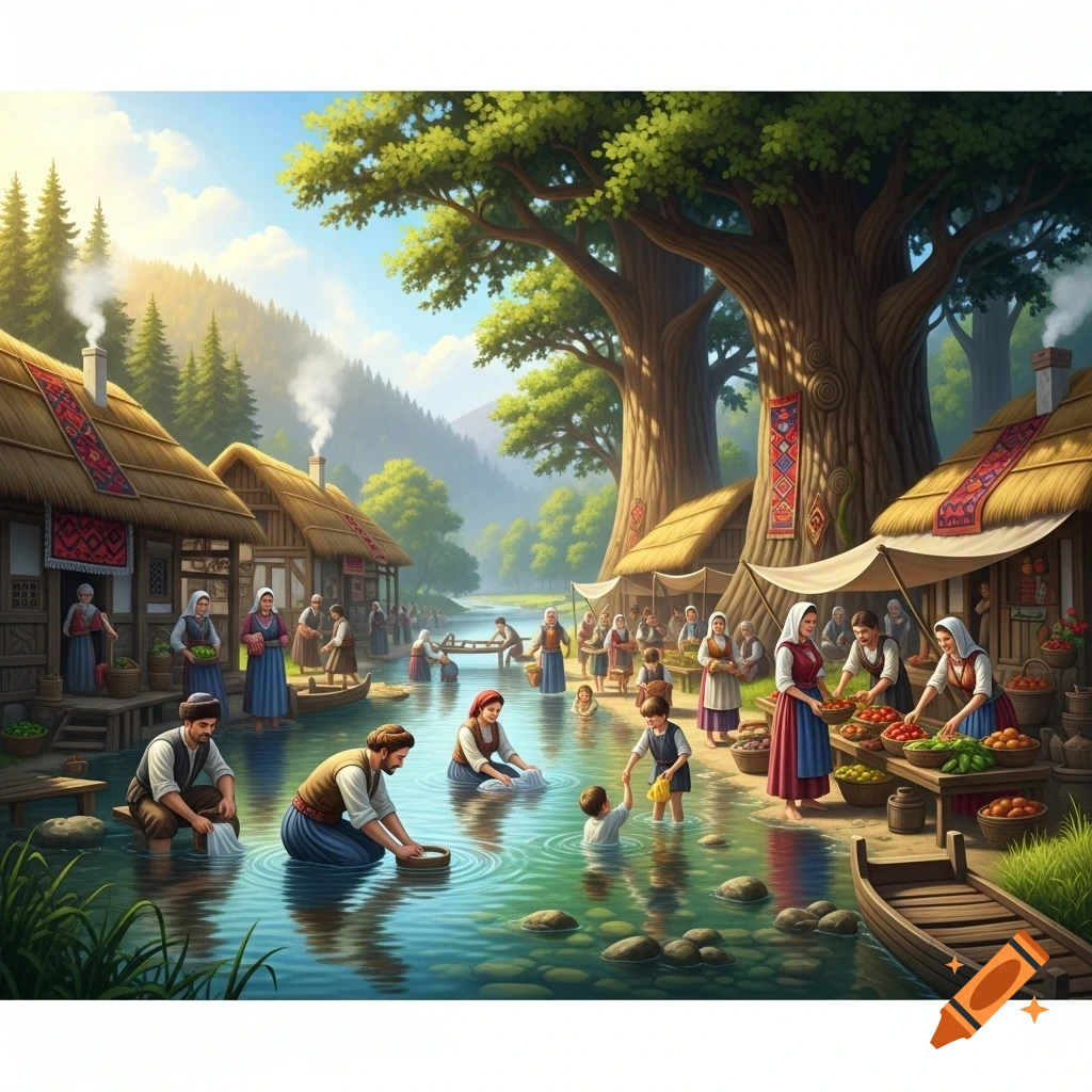 Vibrant illustration of an idyllic village by a river with people washing clothes, selling goods, and children playing under large trees.