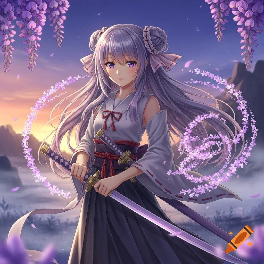 An anime girl with long lavender hair, wearing a white and dark blue kimono, holds a glowing purple katana. She stands among wisteria flowers at sunset.